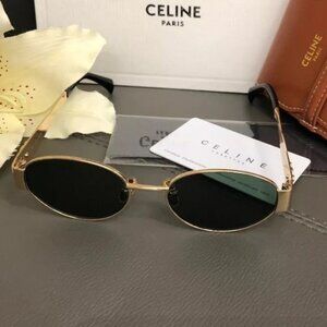 "Celine Triomphe Metal CL40235U 30N Oval Sunglasses in Gold with Green Lenses "